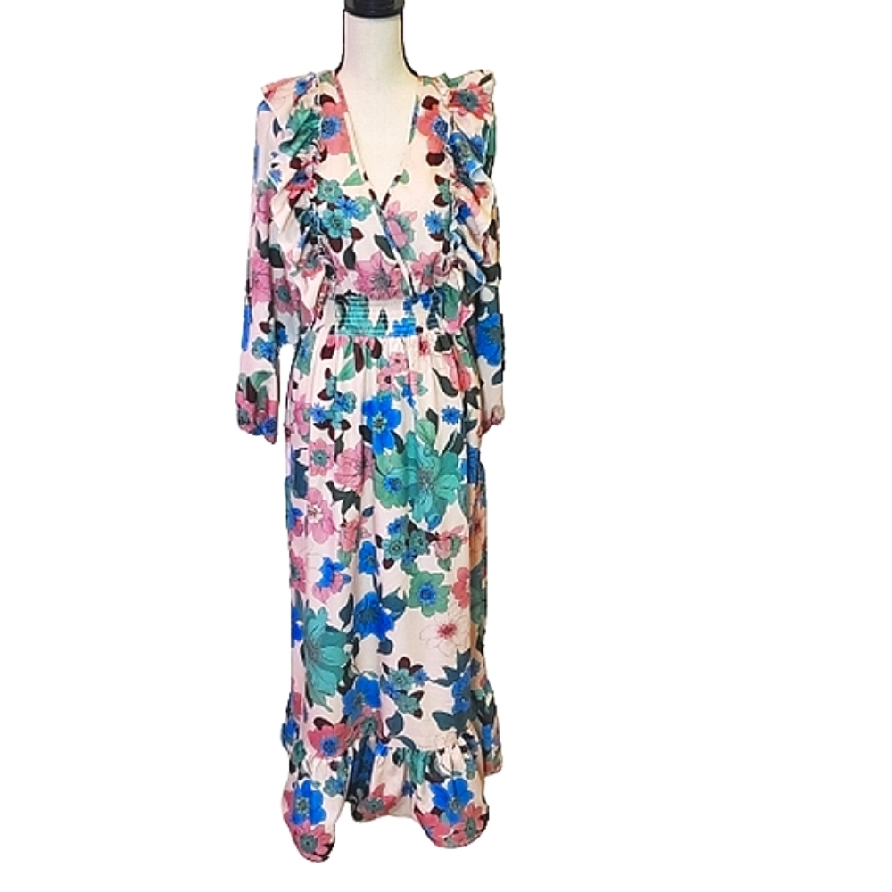 SundayUp Cottage Core Retro Floral Beige Multi-Color Ruffle Maxi Dress, Size Med
